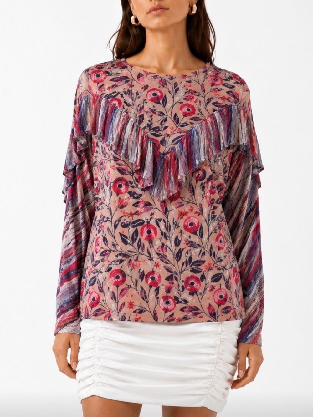ANTHROPOLOGIE BLANK LONDON Floral Fringe Long-Sleeve Top in Pink Size Small
